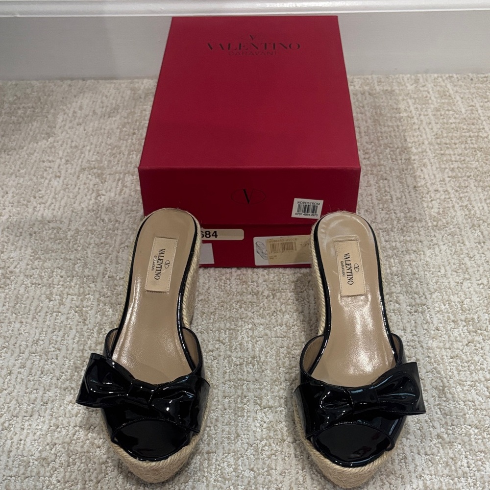 Valentino Black Patent Espadrille Sandals